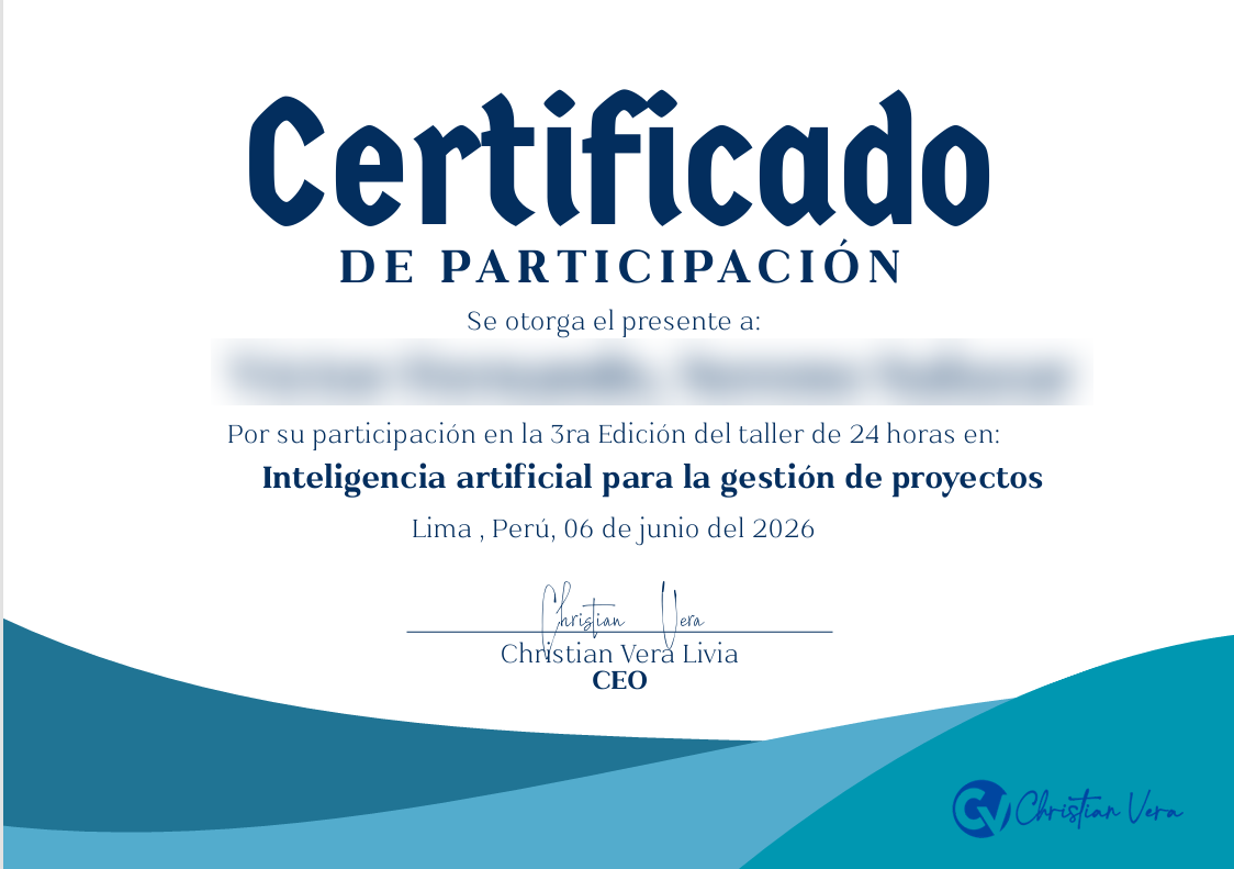 Certificado de participación del Workshop de IA para Gestión de Proyectos